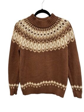 Lands’ End Lighthouse Fair Isle wool blend brown tan white sweater Size M